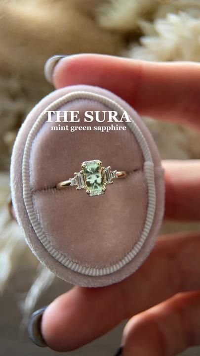 The Sura Engagement Ring, Light Emerald Engagement Ring, Rectangular Engagement Ring, Fairytale Engagement Ring, Cottage Core Wedding, Fairytale Engagement Rings, Green Engagement Rings, Fairytale Ring, White Things