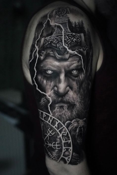 Viking Odin Tattoo, Viking Upper Arm Tattoo, Nordic Gods Tattoo, Viking God Tattoo, Nordic Mythology Tattoo, Tattoo Sleeve Ideas For Men, Asatru Tattoo, Drew Ideas, Odin Tattoos