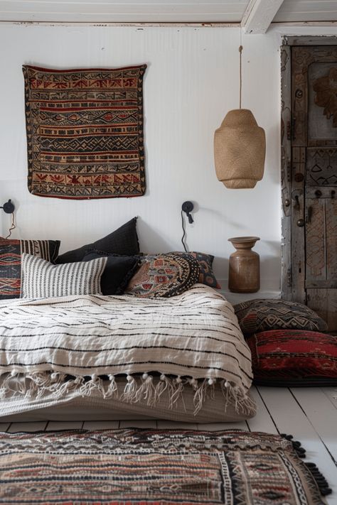 47+ Boho Bedroom Ideas Perfect for Chic, Relaxed Living Low Platform Bed, Platform Bedroom, Spanish Home Decor, Moroccan Room, Wabi Sabi Decor, Boho Bedroom Ideas, Boho Style Bedroom, Global Textiles, Cozy Fall Bedroom