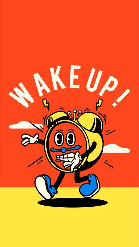 Vintage style ringing alarm clock character cartoon illustration on red yellow background. A cartoon lover's gift idea for those who love funny characters and vintage illustrations. Whether for a birthday, Christmas, or as a gift in general, it makes a great gifting item on a t-shirt, mug, hoodie and so much more.

wake up, cartoon, cartoon character, analog clock, clock illustration, vintage illustration, retro illustration, clouds, funny, happy, cute character, vintage character Retro Clock Illustration, Vintage Style Illustration, Clock Illustration Art, Wake Up Cartoon, Clock Illustration Design, Clock Character Design, Vintage Clock Illustration, Clock Graphic Design, Retro Illustration Wallpaper