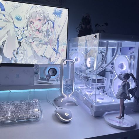 🫧 #figurecollection #animefigure #setup #white #decoration #whitesetup #fyp #room #whitegamingsetup #gamingsetup #cyberroom #cybercore #cyber 2000s Futuristic, Pc Setup Aesthetic, Cybercore Room, Tech Setup, Games Room Inspiration, Kawaii Room Ideas, Setup Inspiration, Loft Plan, Gamer Room Decor