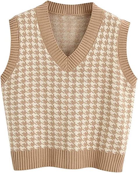 RK-HYTQWR Women Houndstooth Plaid Knitted Vest Sleeveless V-Neck Loose Sweater Tank Top,Khaki S Loose Knit Vest,Khaki : Amazon.co.uk: Clothing Preppy Mode, Loose Fit Sweater, Wool Clothing, Sleeveless Pullover, Houndstooth Pattern, Knitwear Tops, Solid Clothes, Sleeveless Sweater, Knit Vest