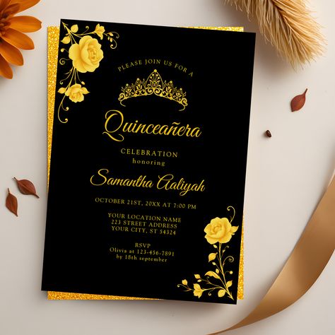 Elegant Golden Floral Black and Gold Quinceanera Invitation Template Black And Gold Quinceanera, Quinceanera Invitation Template, Quinceañera Invitation, Regal Style, Quinceanera Invitation, Golden Crown, Quinceanera Invitations, 15th Birthday, Gold Floral