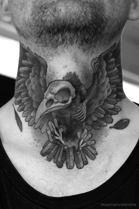 #Tattoo #Crow #Neck #Photography #Wings #Bird #Feathers Best Neck Tattoos, Vogel Tattoo, 2 Tattoo, Throat Tattoo, Crow Tattoo, John Hancock, Neck Tattoo For Guys, Raven Tattoo, Geniale Tattoos