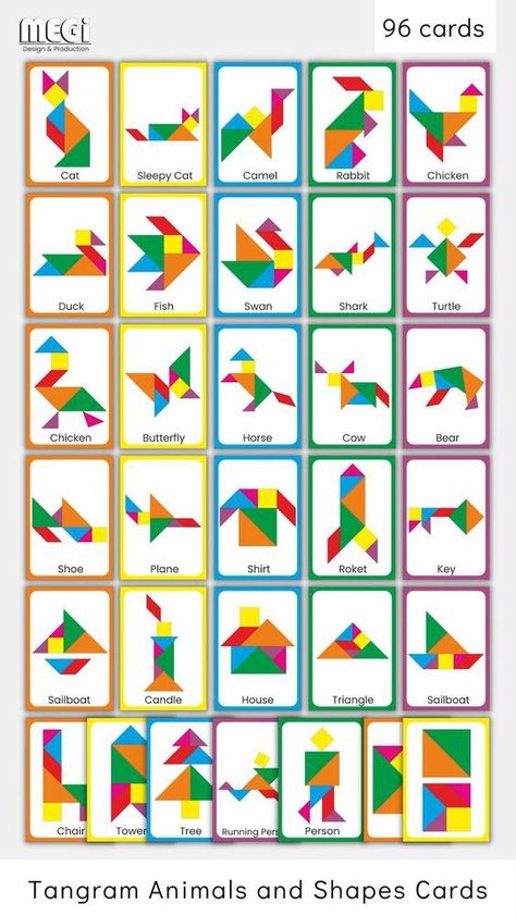 This fun Tangram Animals and Shapes Cards are instant download. Include: 30 Easy Tangram Animal and Shapes Cards 30 Medium Tangram Animal and Shapes Cards 30 Hard Tangram Animal and Shapes Cards 6 Tangram Square Cards Tangram Pattern for Free SIZES Cards 3.5x5 inc (8.9x12.7cm) Tangram 6x6 inc (15.2x15.2cm) ZIP include 26 High quality PDF File - A4 8 For Easy Tangram Cards 8 For Medium Tangram Cards 8 For Hard Tangram Cards 2 For Tangram Shapes Tangram Animals, Tangram Printable, Tangram Design, Tangram Shapes, Tangram Activities, Tangram Patterns, Puzzle Printable, Puzzle Cards, Cognitive Activities