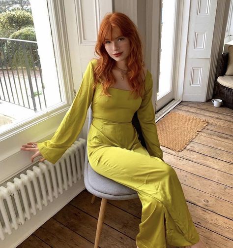 Mathilda Mai, Ginger Hair Girl, Red Hair Outfits, Ginger Hair Dyed, Redhead Fashion, Lime Green Dress, Red Hair Inspo, Ginger Dress, Lily Potter