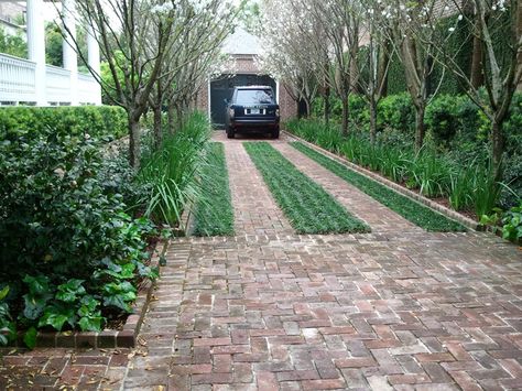 Driveway -a step up from concrete or asphalt Grass Driveway, Brick Driveway, Driveway Paving, Driveway Entrance, Retro Revival, Driveway Design, Driveway Landscaping, Paver Driveway, Paver Patio