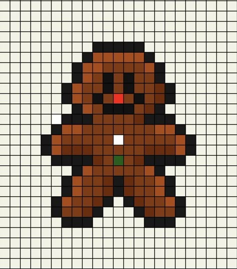 A pixel art template of a Gingerbread Man with shading, white, red (nose) and dark green buttons. Gingerbread House Pixel Art, Gingerbread Pixel Art, Xmas Pixel Art, Pixel Art Grid Christmas, Merry Christmas Pixel Art, Small Christmas Pixel Art, Christmas Pixel Grid, Winter Pixel Art, Christmas Pixel