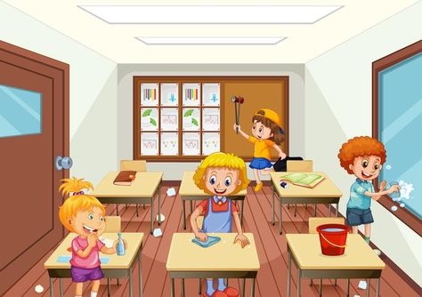 Group of people cleaning classroom Cleaning Classroom, Classroom Illustration, Cleaning Art, Student Cleaning, Preschool Transitions, Clean Up Song, Clean Classroom, Transition Songs, Transition Activities