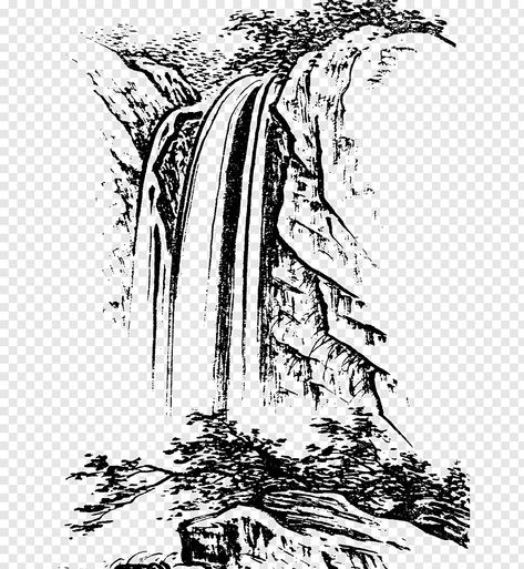 Mountain Drawing Simple, Waterfall Sketch, Waterfall Tattoo, Draw Landscape, Waterfall Drawing, Water Sketch, Dandelion Drawing, Sketch Simple, Mountain Sketch