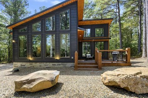 Modern Lake Cabin Exterior, Modern Lake Cabin Decor, Awesome Backyard Ideas With Pool, Small Cabin Big Windows, Loft Above Garage Living Spaces, Rustic Modern Cabin Exterior, Modern Cabin Architecture, 3 Bedroom Modern Cabin Plans, Airbnb Floor Plans