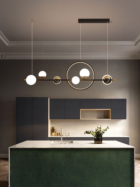 Kitchen Island Hanging Lights, Island Ceiling Light, Island Pendant Lighting, Metal Island, Glass Globe Chandelier, Modern Hanging Lights, Gold Pendant Lighting, Black Dining Room, Island Pendant Lights