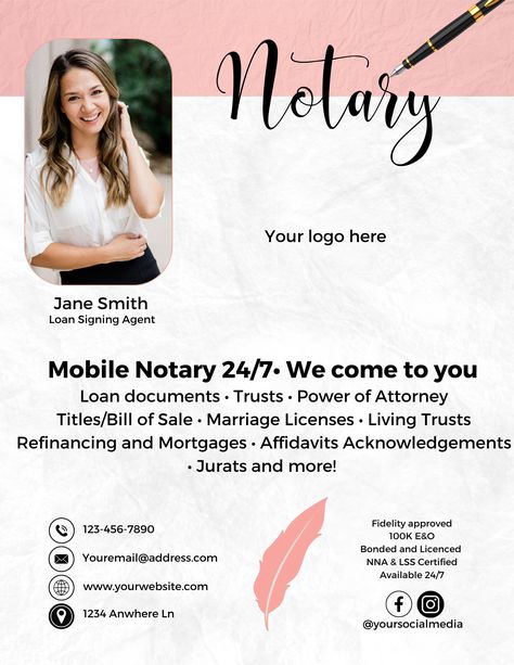 Notary Flyer - Notary Signing Agent Branding, Notary Signing Flyers, Loan Signing Agent, Notary Business, Canva Templates **This is a digital item -No physical items will be shipped to you** INSTANT ACCESS to a PDF containing your Canva file. DIY Canva Template - Notary Signing Agent Marketing Templates Professionally brand your Mobile or RON Signing Business. Start marketing direct and add these flyers to your marketing strategy. Add your custom text and add your own images! ✔️ PRODUCT DESCRIPT Loan Signing Agent Business Cards, Loan Signing Agent Marketing Ideas, Notary Aesthetic, Notary Signing Agent Marketing, Notary Flyer, Mobile Notary Business, Business Hashtags, Public Notary, Notary Marketing