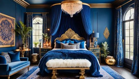 royal blue boho bedroom Blue Furniture Bedroom, Royal Blue Furniture, Boho Bedroom Blue, Bedroom Blue Ideas, Blue Coastal Bedroom, Blue Boho Bedroom, Girls Blue Bedroom, Celestial Room, Blue Bedroom Furniture