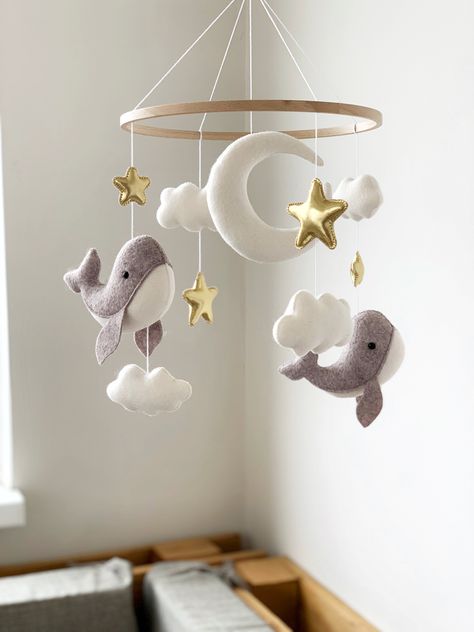 Baby mobile with whales. Unique design, made especially for you! Cute whales with moon and stars:) It's a wonderful present for the baby shower! Individual design is possible. Just ask me if you want to change any detail of the mobile for free. The mobile includes: -four clouds -four stars -one moon -two whales Boat Mobile, Driftwood Boat, Hanging Crib Mobile, Elephant Baby Mobile, Stars Mobile, Whale Mobile, Hanging Crib, Ocean Themed Nursery, Personalized Nursery Decor