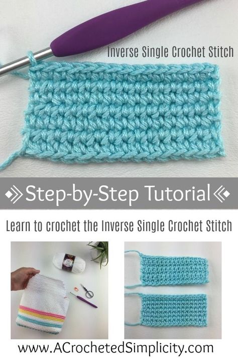 Learn How to Crochet the Inverse Single Crochet Stitch - a tutorial by A Crocheted Simplicity  #freecrochettutorial #inversesinglecrochetstitch #crochetstitchtutorial #crochetstitch #crochet Crochet Help, Room Decor Crafts, Beginner Knitting, Crochet Eyes, 4mm Crochet Hook, Crochet Snowman, Crochet Rope, Learn How To Crochet, Crochet Tutorials