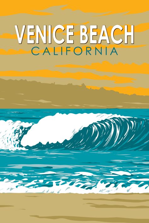 Retro-style Venice Beach poster with crashing ocean waves. Vintage Beach Posters, Venice Beach California, California Destinations, Old Advertisements, Beach Posters, California Art, Beach California, Vintage Beach, Venice Beach