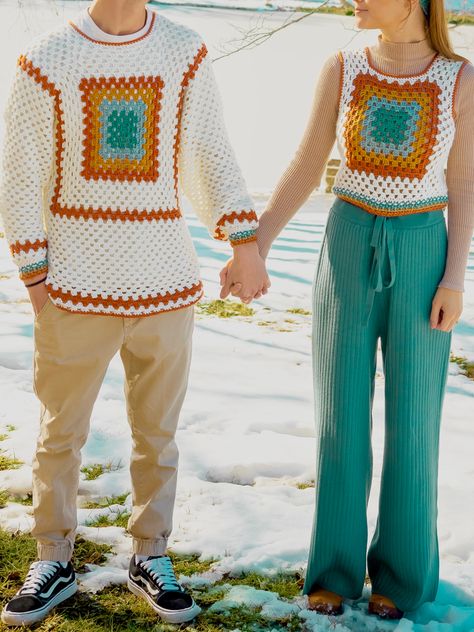 Granny square vest & long sleeve Couples Crochet Outfit, Crochet Couple Outfit, Couples Crochet, Crochet Couple, Couple Crochet, Crochet Vest Outfit, Crochet Outfits, Crochet Outfit, Vest Outfit