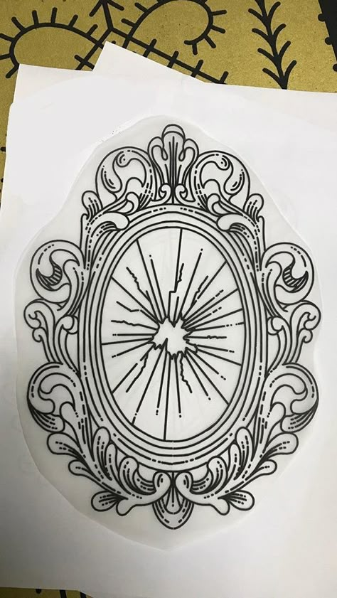 Traditional Mirror Tattoo, Mirror Tattoo Design, Frame Tattoo Design, Vintage Mirror Tattoo, Crystal Ball Tattoo, Tattoo Practice Stencils, New Tattoo Styles, Mirror Tattoo, Tattoo Portfolio Ideas