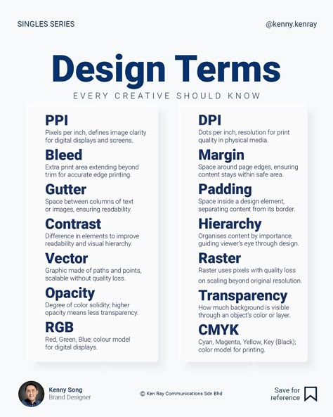 These design terms are often confusing, even for designers. But as creatives, they should be in our vocabulary. I’ve simplified these key concepts in an infographic on design terms for easy understanding. Follow @kenny.kenray for more tips in branding and design. #businessofdesign #designbusiness #graphicdesigning #graphicdesign #graphicdesigner #graphicdesigntips #creative #creativity #creatives #creativeindustry #creativelife #freelancer #freelancerdesigner #designbusiness #designtermin... Digital Marketing Terms, Web Design Principles, How To Instructions Design, Logo Design Principles, Graphic Design Prices, Types Of Graphic Design Styles, New Year Content Ideas, Content Ideas For Graphic Designers, Brand Differentiation