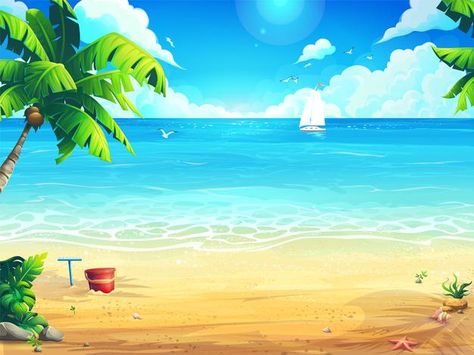 Beach Drawing Background, Beach Cartoon Background, Anime Beach Background, Summer Beach Drawing, Beach Illustration Art, Beach And Palm Trees, Palm Tree Background, Background Sea, Beach Cartoon