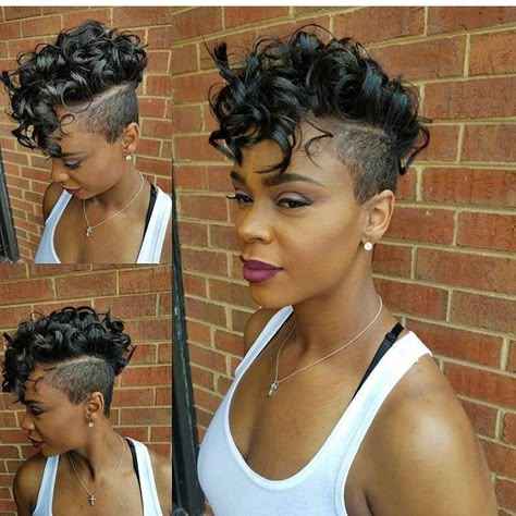 Cute cut @KortenStEiN Short Hairstyle Women Black Woman Quick Weave, Both Sides Shaved Hairstyles, Short Mohawk Hairstyles For Black Women, Curly Mohawk Hairstyles, Black Hair Short Cuts, Short Black Hair, Shaved Side Hairstyles, Shaved Hair Designs, Tapered Natural Hair