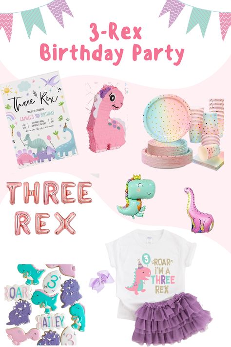 Pastel rainbow colors (blue, pink, green, yellow) to celebrate your dinosaur loving toddler turning three! Party supplies and decor found on @etsy and @amazon ! Pastel Rainbow Dinosaur Party, Girl Three Rex Birthday Party, Three Rex Birthday Party Girl, 3 Rex Birthday Party, 3rd Birthday Party For Girls Ideas, 3 Rex Birthday, 3rd Birthday Party For Girls, Turning Three, Pastel Rainbow Colors