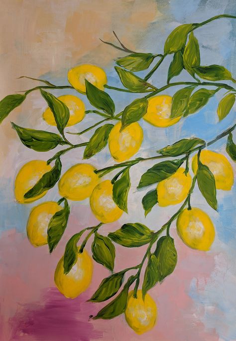 Painting Lemons Acrylic, Branches Painting, Lemon Pictures, Citrus Tree, Paint Crafts, Lemon Painting, Pot Painting, Lemon Art, Minimal Painting