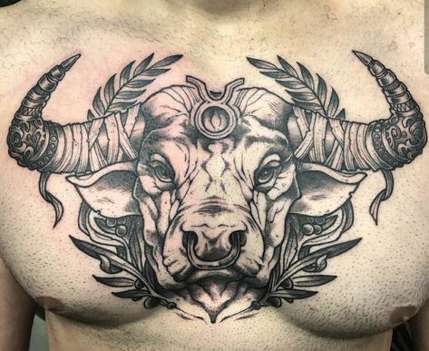 Bull Tattoo Chest, Bull And Bear Tattoo, Bull Tattoo Design For Men, Taurus Tattoo Men, Taurus Tattoo Design, Tattoo Chest And Shoulder, Ox Tattoo, Taurus Bull Tattoos, Tattoo On Chest