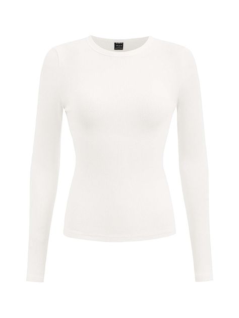 Camiseta unicolor tejido de canalé Blanco Casual  manga larga Tela Liso  Estiramiento medio  Women Clothing, size features are:Bust: ,Length: ,Sleeve Length: Basic White Long Sleeve Shirt Outfit, White Basic Top, White Long Sleeve Shirt Outfit, White Top Long Sleeve, Basic White Shirt, White Shirt Long Sleeve, Long Sleeve Shirt Outfits, Shein Basics, Classic Style Outfits