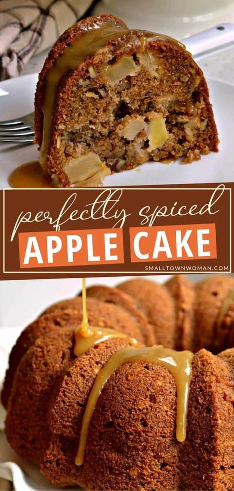 Scrumptiously moist fresh Apple Cake recipe is the perfect fall or Thanksgiving dessert! This easy sweet treat has a slightly crunchy crust and a soft moist center that is loaded with chunks of sweet apple and pecans. It is perfectly spiced with cinnamon, ground cloves, and nutmeg, drizzled with caramel sauce! Moist Apple Cake, German Apple Cake, Apple Bundt Cake, Fresh Apple Cake, Cake With Caramel, Caramel Apple Cake, Fall Recipe, Apple Cake Recipes, Bundt Cakes Recipes