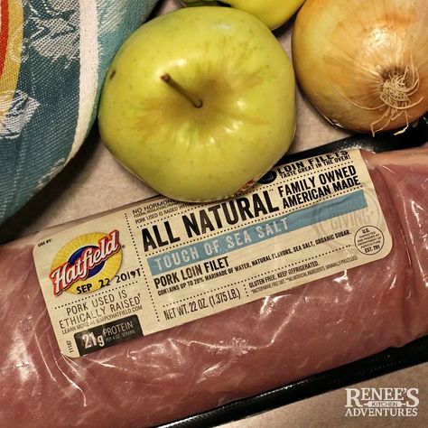 Pork Loin Filet with Apples and Onions by Renee's Kitchen Adventures Quick and easy Pork Loin with Apples and Onions is ready from package to table in about 30 minutes and is full of those Fall flavors you crave! #RKArecipes Crock Pot Pork Loin With Apples, Pork Loin And Apples In Oven, Pork Tenderloin Recipes With Apples And Onions, Slow Cooker Pork Loin With Apples, Boneless Pork Loin Filet Recipes, Hormel Pork Loin Filet Recipes, Pork Loin Filet Recipes Crockpot, Pork Loin With Apples And Onions, Pork Loin Filet Recipes Oven