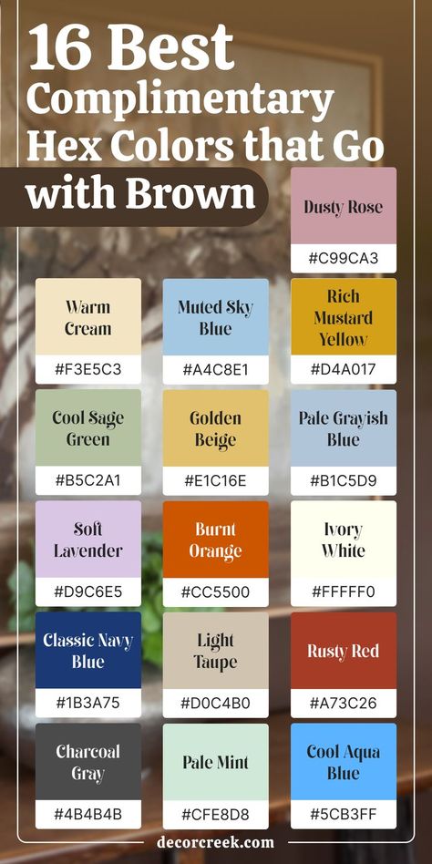 This image features the title "16 Best Complimentary Hex Colors that Go with Brown" alongside 16 color swatches, each labeled with a color name and its corresponding hex code. The colors displayed are:

Dusty Rose 
Warm Cream 
Muted Sky Blue
Rich Mustard Yellow 
Cool Sage Green 
Golden Beige 
Pale Grayish Blue (#B1C5D9)
Soft Lavender (#D9C6E5)
Burnt Orange (#CC5500)
Ivory White
Classic Navy Blue
Light Taupe (#D0C4B0)
Rusty Red (#A73C26)
Charcoal Gray 
Pale Mint (#CFE8D8)
Cool Aqua Blue Complimentary Colors For Brown, Brown Complimentary Colors, Hex Color, Orange Color Palettes, Hex Color Palette, Yellow Theme, Hex Codes, Complimentary Colors, Yellow Aesthetic