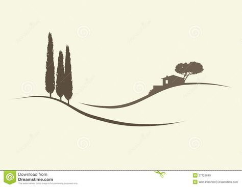 Finca and cypress trees Champagne Socialist, Monochromatic Nature, Nature Cottage, Italian Cypress Trees, Italian Cypress, Landscape Vector, Tuscany Landscape, Home Tattoo, Cypress Trees