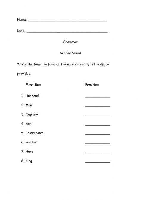 Gender Worksheet Grade 4, Gender Worksheets For Grade 2, Masculine And Feminine Worksheet, Gender Nouns Worksheet, Identity Therapy, Gender Worksheet, Gender Nouns, Masculine And Feminine Gender, Gender Words