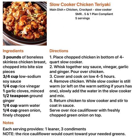 Optavia Lean & Green: Slow Cooker Chicken Teriyaki Slow Cooker Chicken Teriyaki, Lean Dinners, Lean Protein Meals, Lean And Green, Chicken Teriyaki, Lean Meals, Lean And Green Meals, Protein Meals, Chicken Main Dishes