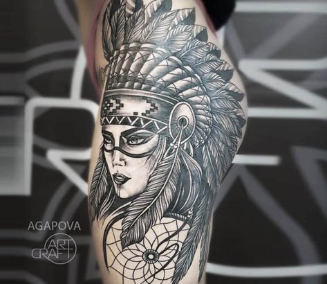 Indian Head Tattoo, India Tattoo, Native American Girl, Girl Thigh Tattoos, Neotraditional Tattoo, Native Tattoos, Hip Tattoos Women, Shoulder Tattoos, World Tattoo