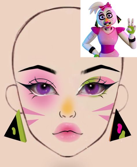 Chica Makeup Fnaf, Glamrock Chica Makeup, Video Game Makeup, Glamrock Chica Cosplay, Sonic Makeup, Makeup Looks For Halloween, Fnaf Makeup, Makeup Drawings, Glamrock Chica