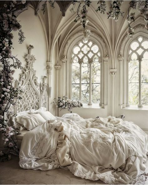 Dream Cottage Interior, Goth Interior Design, Goth Interior, Victorian Flat, Gothic Decor Bedroom, Royal Room, Dream Bedroom Inspiration, Fantasy Bedroom, White Goth