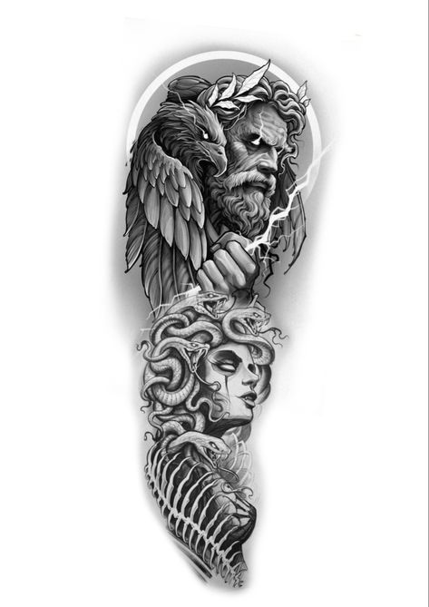 Medusa And Zeus Tattoo, Tattoo Sleeve Themes, Nemesis Tattoo, Arm Cover Up Tattoos, Poseidon Tattoo, Zeus Tattoo, Mangas Tattoo, Medusa Tattoo Design, Sticker Tattoo