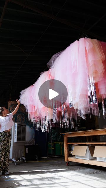 Corrie Sullivan on Instagram: "Pink tulle and tinsel chandeliers made for an event with @sugar_la ✨🩷🪩 #CorrieinColor" Tulle Decorations Diy Parties, Tulle Ceiling Draping, Hanging Fabric From Ceiling, Tulle Chandelier, Tinsel Chandelier, Tulle Ceiling, Tinsel Backdrop, Wedding Ceiling Decorations, Tulle Backdrop