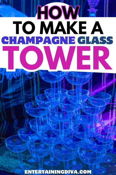 How To Make A Champagne Glass Tower With Plastic Glasses Plastic Champagne Glasses, Gold Votive Candle Holders, Gatsby Birthday Party, Speakeasy Party, Easy Party Decorations, Creative Party Ideas, Summer Party Decorations, Plastic Glasses, Great Gatsby Party