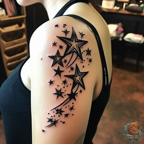 Cute Star Tattoos For Women, Celestial Tattoo Ideas Sleeve, Star Tattoo Cover Up Ideas, Shoulder Scar Tattoo Cover Up, Star Tattoo Cover Up, Arm Tattoos Stars, Half Back Tattoos Women, Star Tattoos For Women, Stars Tattoo Designs