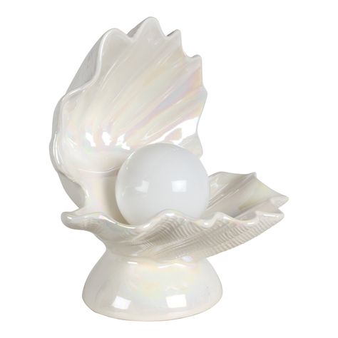 Hollywood Regency style large ceramic form open oyster shell table lamp on round raised pedestal base, in a white Pearlescent glaze, with white globe as pearl. This lamp is a throw back to the 1920s glamorous Art Deco period. In great original condition. Has inline lamp switch, includes globe. This is the largest version. Ceramic Oyster, Shell Table Lamp, Shell Table, Oddities Decor, Globe Floor Lamp, Artichoke Lamp, Bamboo Lamp, Ceramic Urn, Lamp Switch