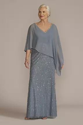 Occasion Dresses - Oleg Cassini Beaded V-Neck Sheath Gown with Chiffon Capelet Style # WGIN2001B – View Image 1 Brides Mother Dress, Chiffon Capelet, Grandma Dress, Womens Sequin Dresses, Chiffon Summer Dress, Mother Of Bride Outfits, Mother Of The Bride Dresses Long, Sheath Gown, Mother Of Groom Dresses