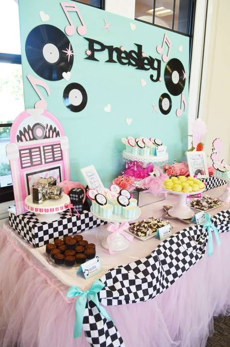 50's sock hop birthday party! See more party planning ideas at CatchMyParty.com! 50s First Birthday Party, Sock Hop Party Ideas For Adults, 1950s Party Ideas, Elvis Birthday Party, Grease Themed Parties, 50s Birthday, Grease Theme, Fifties Party, Grease Party