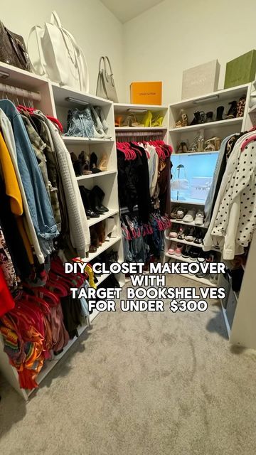 Melissa Monet on Instagram: "DIY Closet Makeover with Target Bookshelves for under $300 No more clutter!!! With the help of my dad @tonysewer I remodeled my closet and it turned out better than I imagined. Links to everything in my bio.😍😍 #targetbookshelfsmallcloset #Targetbookshelfandrod #diytargetbookshelfinstalledslidingdrawers #targetbookshelftotvstand #targetbookshelfclosetforapartment #diytargetbookshelfclosetforsmallcloset #targetclosetbookshelf2023 #targetclosethacks #smallclosetorganization #closetorganzierfromtarget #targetbookshelf" Bookshelf Closet Ideas For Kids, Bookshelves For Closet Storage, Bookshelves In Closet For Storage, Diy Closet Bookshelves, Diy Kids Closet Organization, Target Bookshelf Walk In Closet Hack, Closet Makeover With Bookshelves, Target Book Shelf Closet Ideas, Turning A Room Into A Closet On A Budget