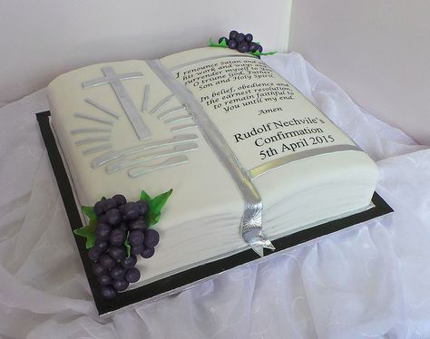 Bible shaped confirmation cake | Flickr - Photo Sharing! Open Book Cakes, Golden Birthday Cakes, Bible Cake, Confirmation Cake, Anniversary Cake Designs, Royal Wedding Cake, First Communion Cakes, Confirmation Cakes, Wedding Bible