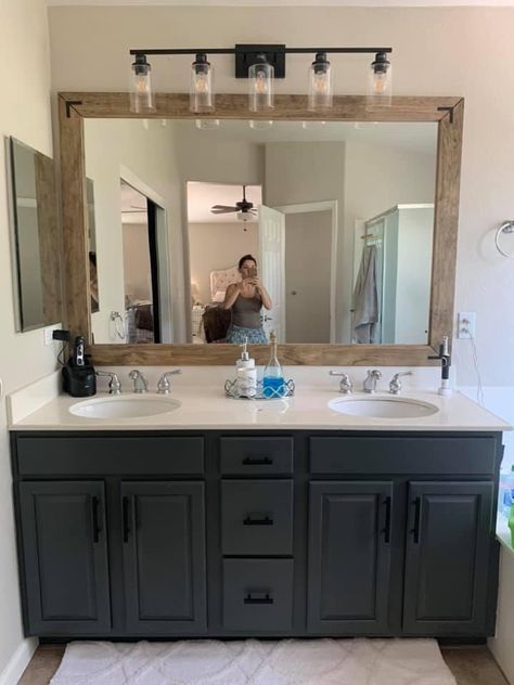 Large Mirror In Bathroom Master Bath, Double Vanity Bathroom Ideas Master Suite, Apartment Bathroom Large Mirror, Double Sink Bathroom Vanity One Mirror, Long Mirror Bathroom, Long Framed Bathroom Mirror For Double Sink Vanity, Big Mirror Bathroom, Guest Bathroom Ideas Double Sink, Large Mirror In Bathroom