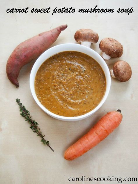 This carrot, sweet potato mushroom soup is smooth, warming and delicious. Quick to make and perfect for a cold day, it's a flavorful bowl of goodness. #soup #vegetarian Potato And Mushroom Soup, Potato Mushroom Soup, Sweet Potato And Mushroom, Sweet Potato Mushroom, Potato And Mushroom, Potato Mushroom, Creamy Carrot Soup, Mushroom Soup Recipe, Mushroom Soup Recipes